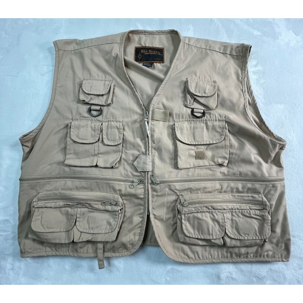 RIO BRAVO Mens XL VEST‎ Zip Front Cotton Poly Blend Tan Lots of POCKETS